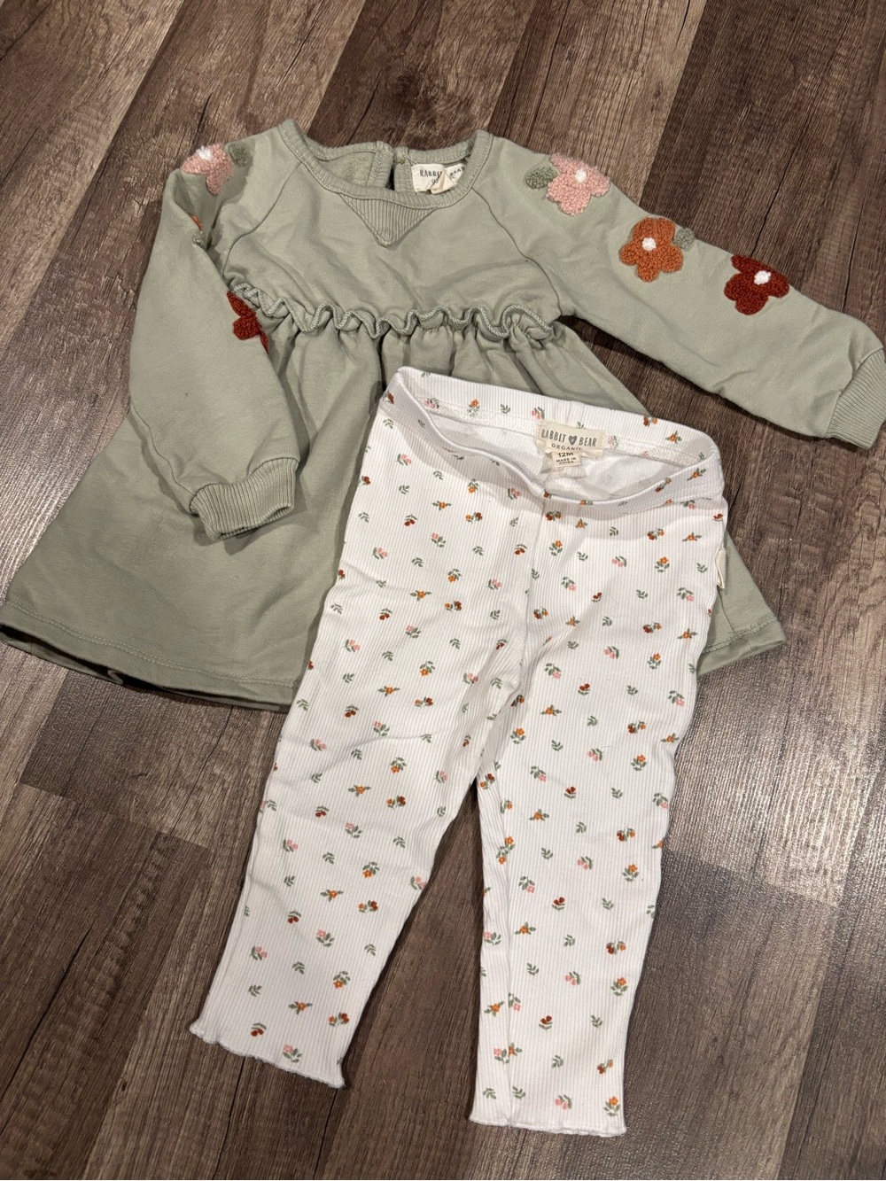 Sage Flower Appliqué tunic sweater top and Cream Floral Legging Set - Kids